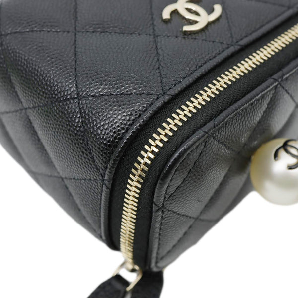 CHANEL Pearl On Top Mini Quilted Caviar Leather Chain Vanity Case Bag Black