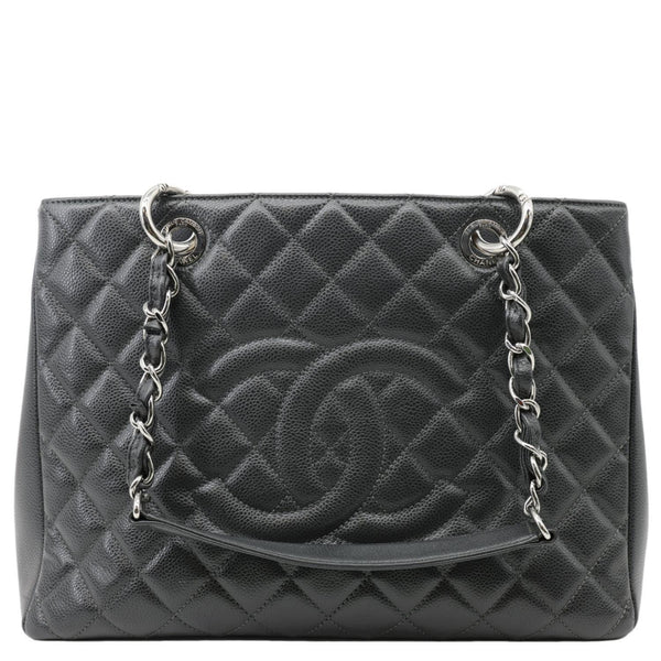 CHANEL Grand Shopping Quilted Caviar Leather Tote Bag Dark Grey