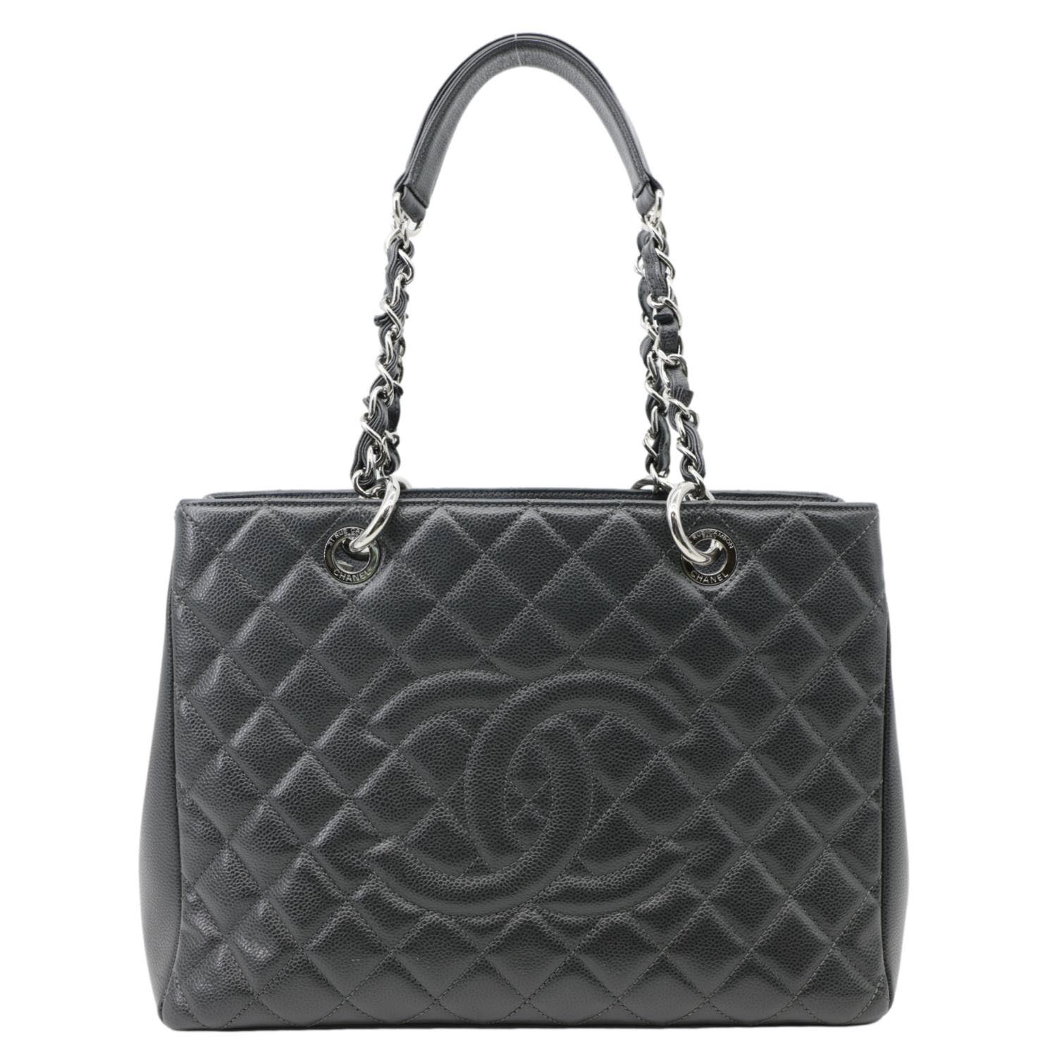 CHANEL Grand Shopping Quilted Caviar Leather Tote Bag Dark Grey