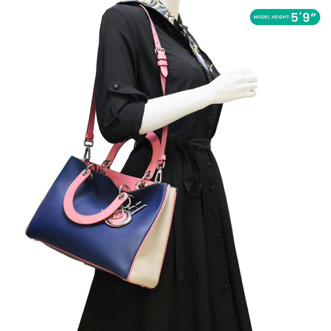 CHRISTIAN DIOR Diorissimo Medium Tri Color Calfskin Leather Tote Bag Navy Blue