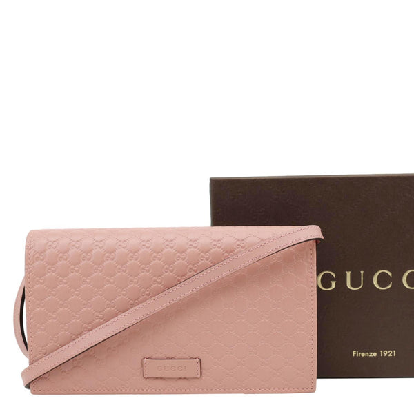 GUCCI GG Micro Leather Crossbody Wallet Pink 466507