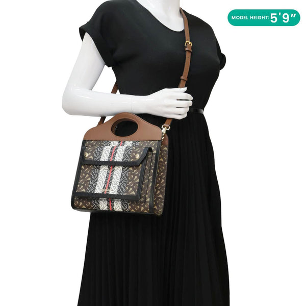 BURBERRY Pocket Mini Monogram Stripe E-Canvas Shoulder Bag Brown