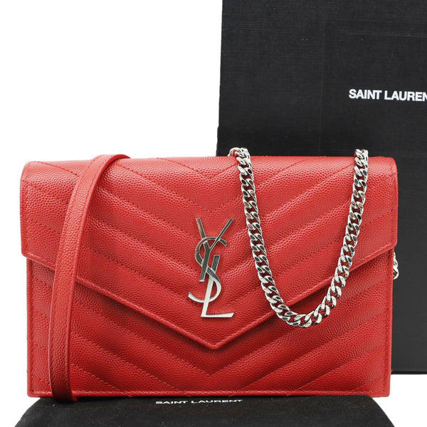 YVES SAINT LAURENT Cassandra Matelasse Grain De Poudre Chain Wallet Red