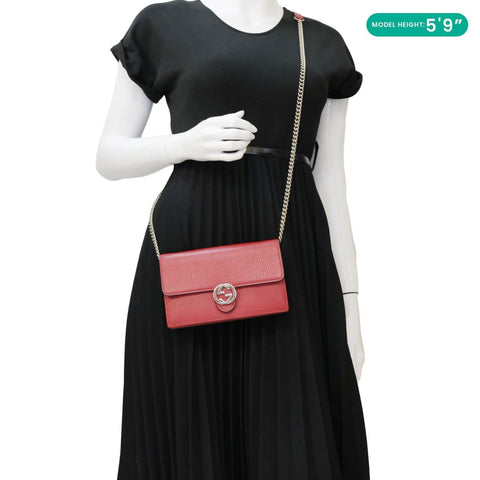 GUCCI Dollar Interlocking G Calfskin Leather Chain Wallet Crossbody Bag Red 510314