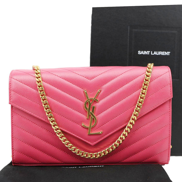 YVES SAINT LAURENT Cassandra Matelasse Grain De Poudre Chain Wallet Pink