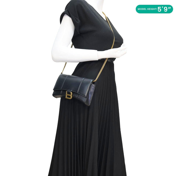 BALENCIAGA Hourglass Shiny Box Calfskin Leather Wallet On Chain Shoulder Bag Black