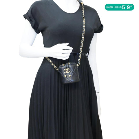 CHANEL Twist Your Buttons Quilted Calfskin Leather Drawstring Bucket Bag Black