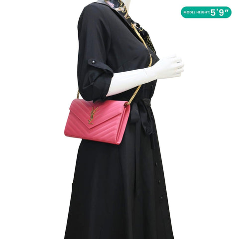 YVES SAINT LAURENT Cassandra Matelasse Grain De Poudre Chain Wallet Pink