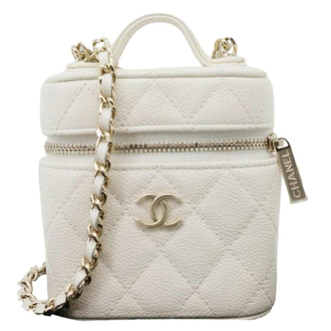 CHANEL Handle With Care Quilted Caviar Leather  Vanity Case White