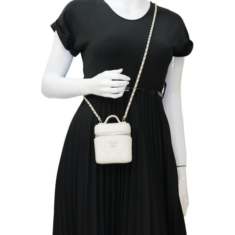 CHANEL Handle With Care Quilted Caviar Leather  Vanity Case White