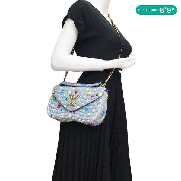 LOUIS VUITTON New Wave Embroidered Monogram Denim Chain Shoulder Bag Blue