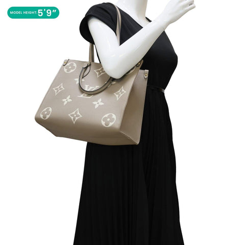 LOUIS VUITTON Onthego MM Giant Monogram Empreinte Leather Tote Bag Beige