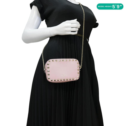 VALENTINO Rockstud Small Calfskin Leather Chain Camera Crossbody Bag Light Pink