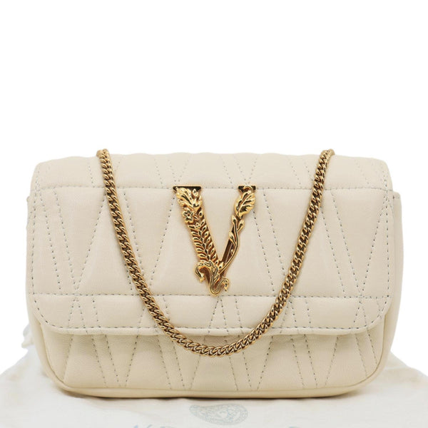 VERSACE Virtus Flap Mini Quilted Leather Chain Crossbody Bag Off White