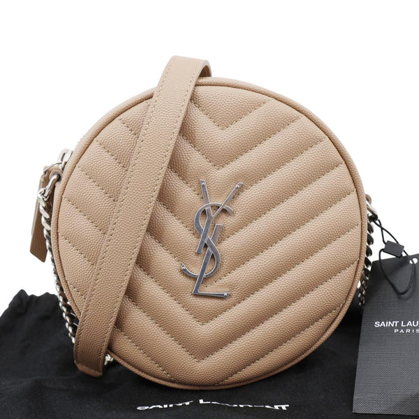 YVES SAINT LAURENT Vinyle Round Chevron Leather Camera Crossbody Bag Beige