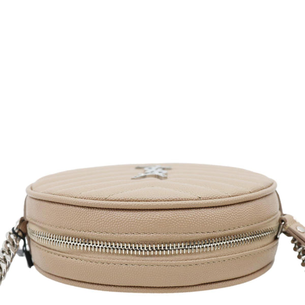 YVES SAINT LAURENT Vinyle Round Chevron Leather Camera Crossbody Bag Beige