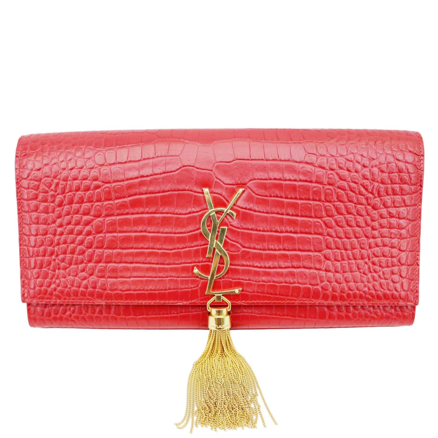 YVES SAINT LAURENT Kate Tassel Crocodile Embossed Leather Wallet Red