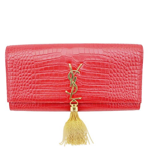 YVES SAINT LAURENT Kate Tassel Crocodile Embossed Leather Wallet Red