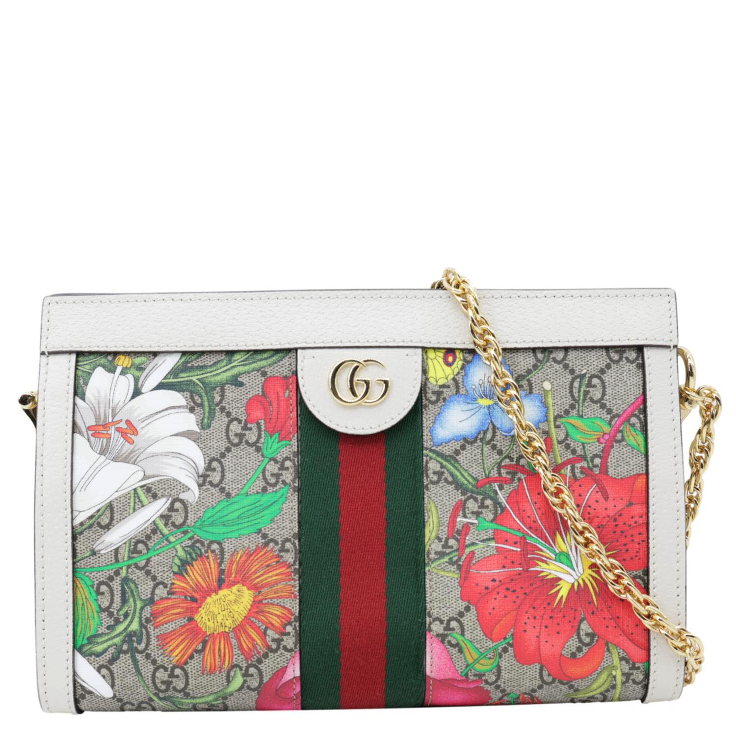 GUCCI Ophidia Web Small GG Floral Canvas Chain Shoulder Bag Off White 503877