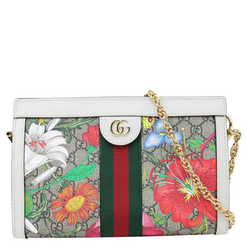 GUCCI Ophidia Web Small GG Floral Canvas Chain Shoulder Bag Off White 503877