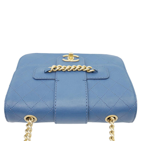 CHANEL Front Chain Flap Quilted Leather Shoulder Bag Blue