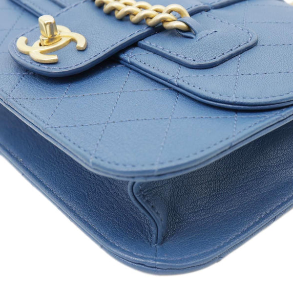 CHANEL Front Chain Flap Quilted Leather Shoulder Bag Blue