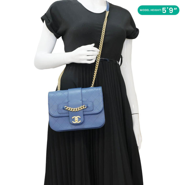CHANEL Front Chain Flap Quilted Leather Shoulder Bag Blue