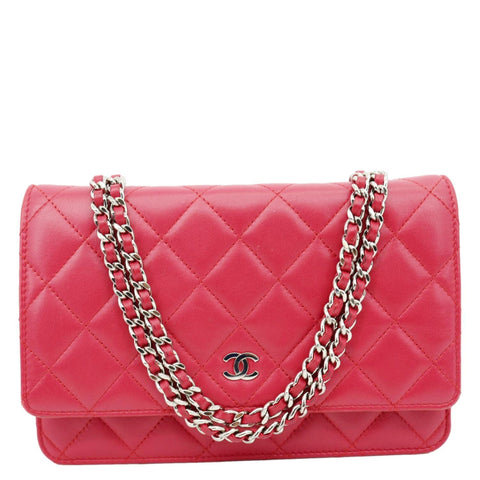 CHANEL Quilted Lambskin Leather Wallet On Chain Bag Dark Pink