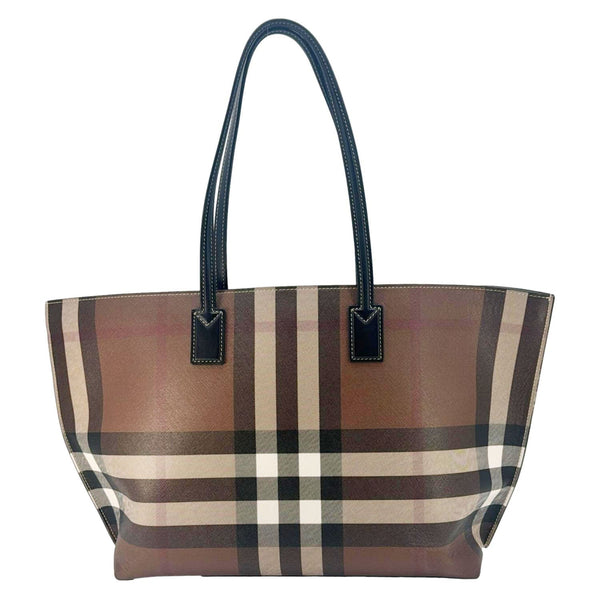 BURBERRY Check E-Canvas Brown Tote Bag back side look