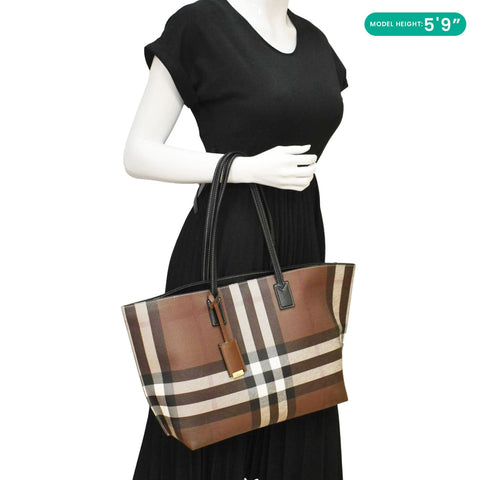 BURBERRY Check E-Canvas Brown Tote Bag dummy side