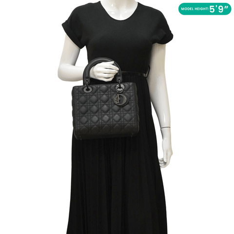 CHRISTIAN DIOR Lady Dior Calfskin Leather Shoulder Bag Black dummy look