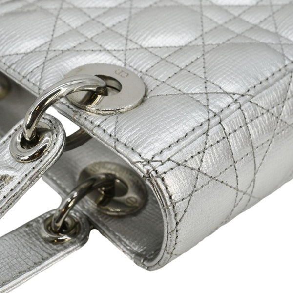 CHRISTIAN DIOR Lady Dior Leather Shoulder Bag Metallic Silver corner look