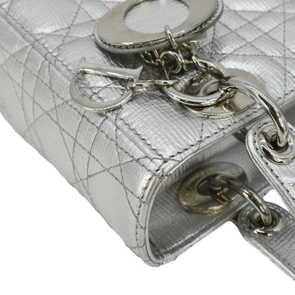 CHRISTIAN DIOR Lady Dior Leather Shoulder Bag Metallic Silver corner look