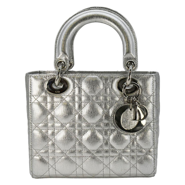 CHRISTIAN DIOR Lady Dior Leather Shoulder Bag Metallic Silver back look