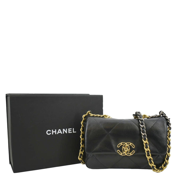 CHANEL 19 Small Flap Quilted Lambskin Leather Shoulder Bag Black