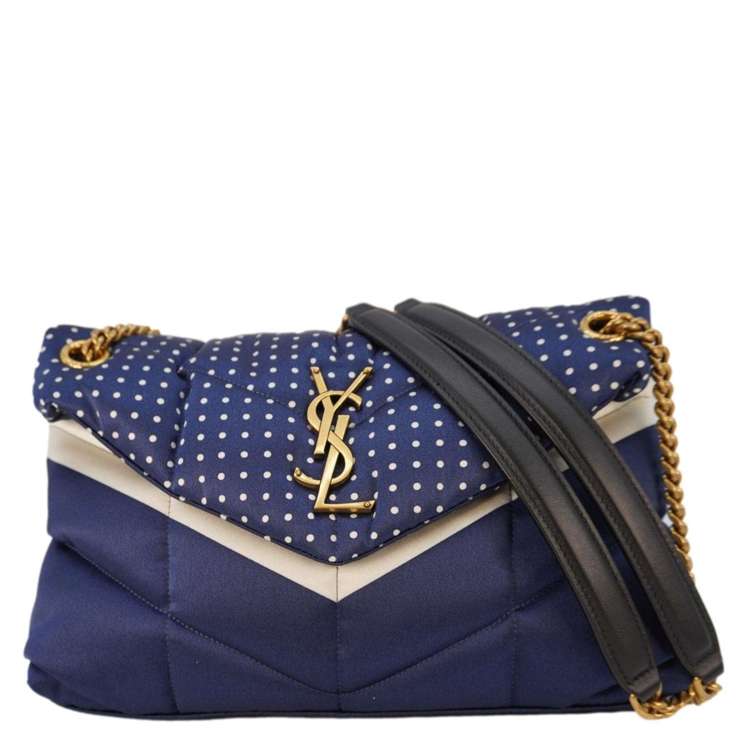 YVES SAINT LAURENT Loulou Puffer Polka Dots Canvas Crossbody Bag Blue