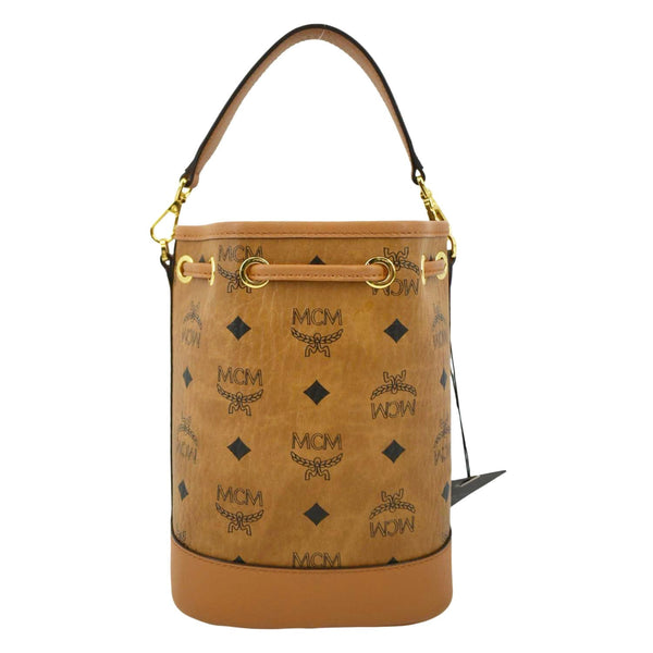 MCM Drawstring Visetos Canvas Bucket Bag Cognac