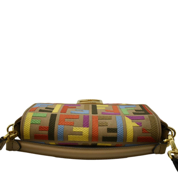 FENDI Vitello King FF Embroidered Baguette Canvas Shoulder Bag Cuoio