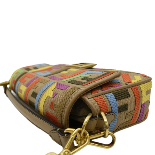 FENDI Vitello King FF Embroidered Baguette Canvas Shoulder Bag Cuoio