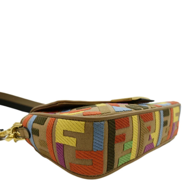FENDI Vitello King FF Embroidered Baguette Canvas Shoulder Bag Cuoio