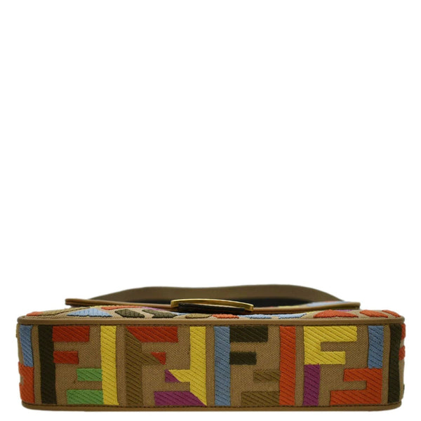 FENDI Vitello King FF Embroidered Baguette Canvas Shoulder Bag Cuoio