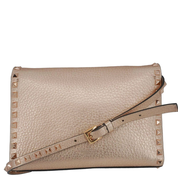 VALENTINO Garavani Rockstud Medium Pebbled Calfskin Leather Crossbody Golden