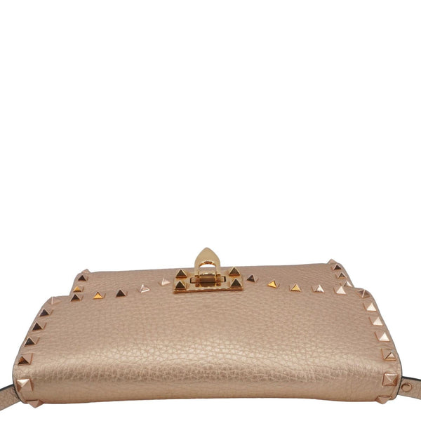 VALENTINO Garavani Rockstud Medium Pebbled Calfskin Leather Crossbody Golden