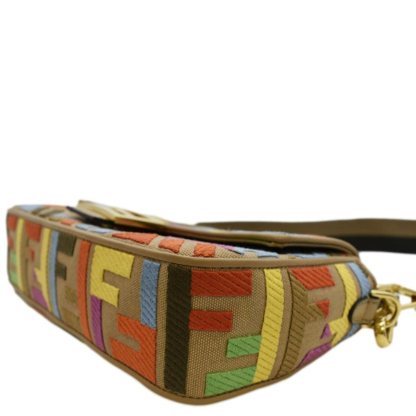 FENDI Vitello King FF Embroidered Baguette Canvas Shoulder Bag Cuoio