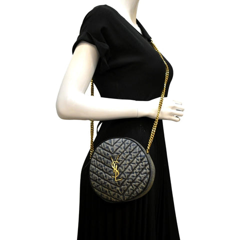 YVES SAINT LAURENT Vinyle Round Denim Camera Crossbody Bag Black