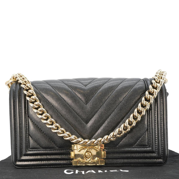 CHANEL Boy Flap Chevron Leather Shoulder Bag Black