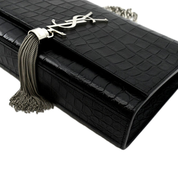 YVES SAINT LAURENT Kate Crocodile Embossed Leather Shoulder Bag Black