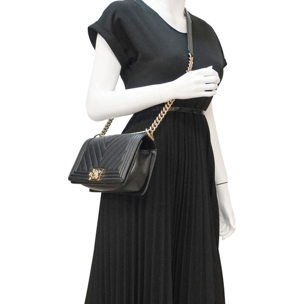 CHANEL Boy Flap Chevron Leather Shoulder Bag Black