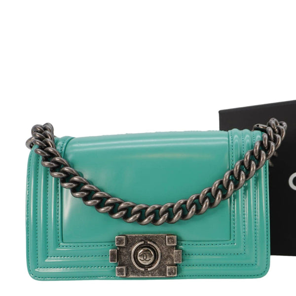 CHANEL Boy Small Patent Leather Shoulder Bag Turquoise