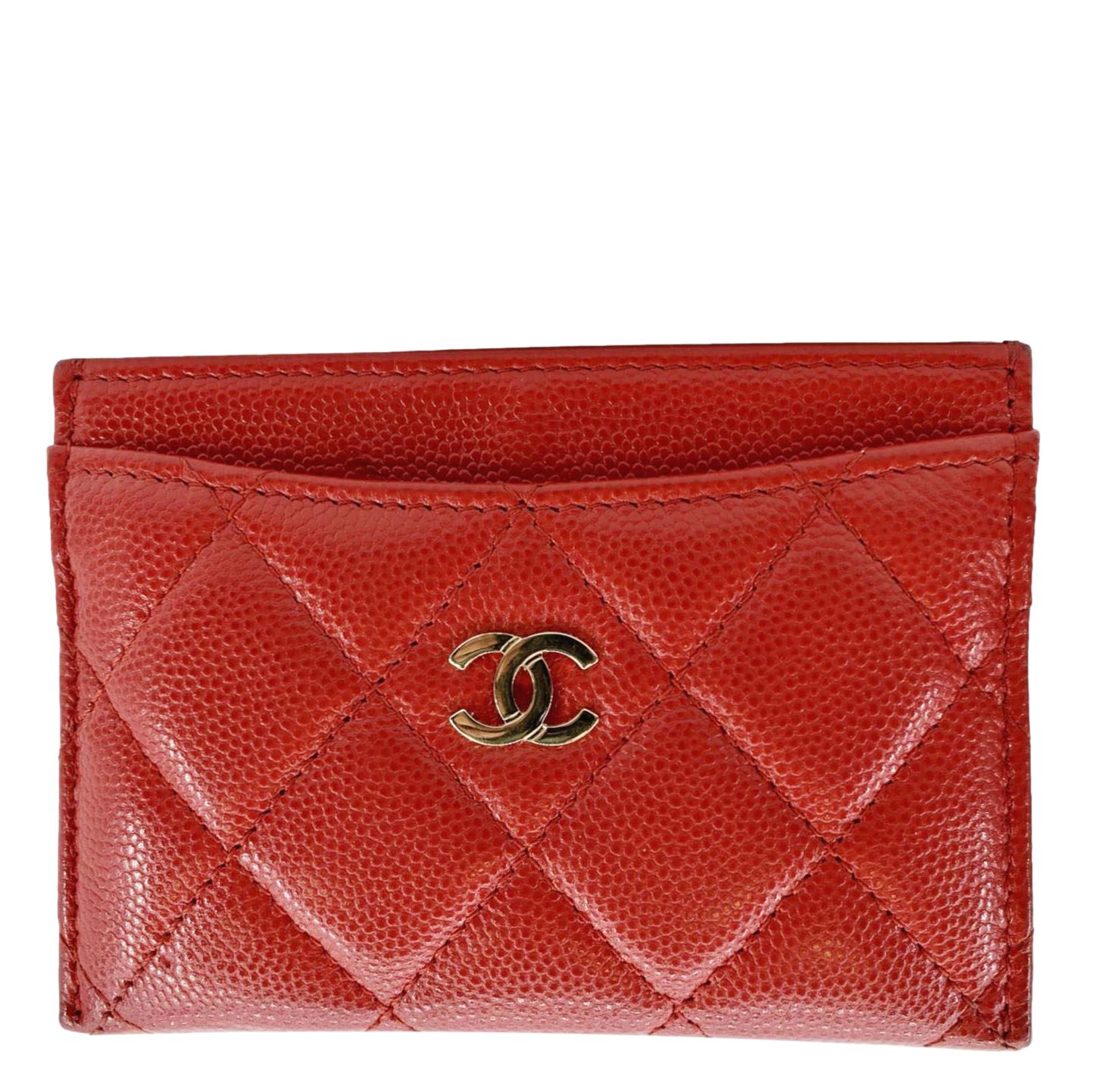 Chanel CC Card Holder Quilted Caviar Leather Wallet Red Color